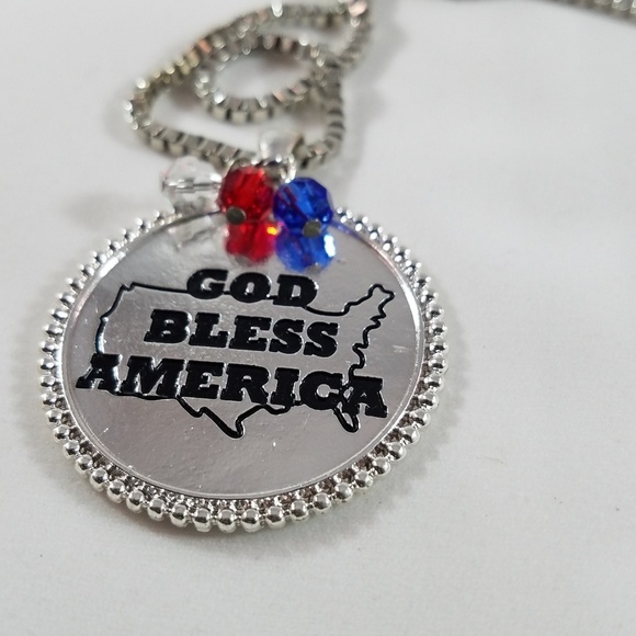 Hand Crafted Pendant Necklace “God Bless America” Charm Red Blue Crystal - Picture 2 of 8